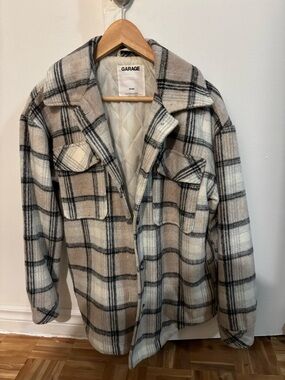 Garage Beige and Black Plaid Quilted-Lined Shacket